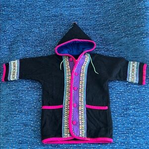 Scandinavian 100% wool dress coat with “elf hood” ribbon details & Pink Trim